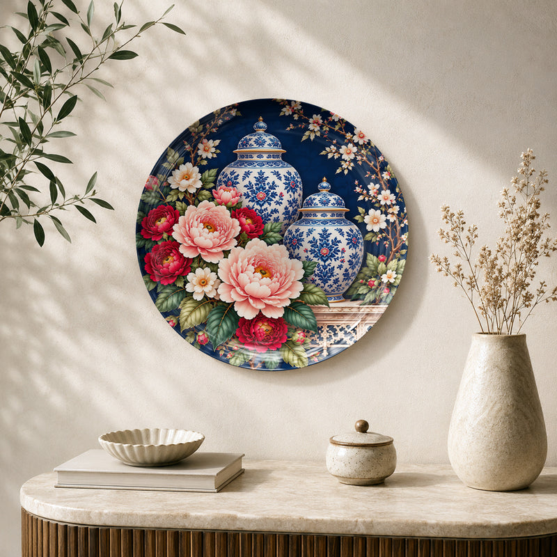 Peonies and Porcelain ceramic wall plate featuring blue-and-white decorative vases and pink flowers