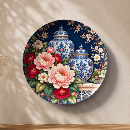 Decorative ceramic wall plate showcasing ornate porcelain-style vases surrounded by lush botanical details