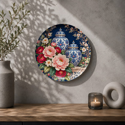 Floral porcelain ceramic souvenir plate with pink peonies and crimson blooms on a midnight-blue background