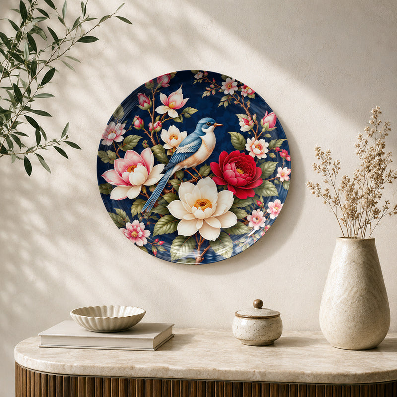 Midnight Songbird Floral Elegance ceramic wall plate featuring a blue-and-white bird among flowers