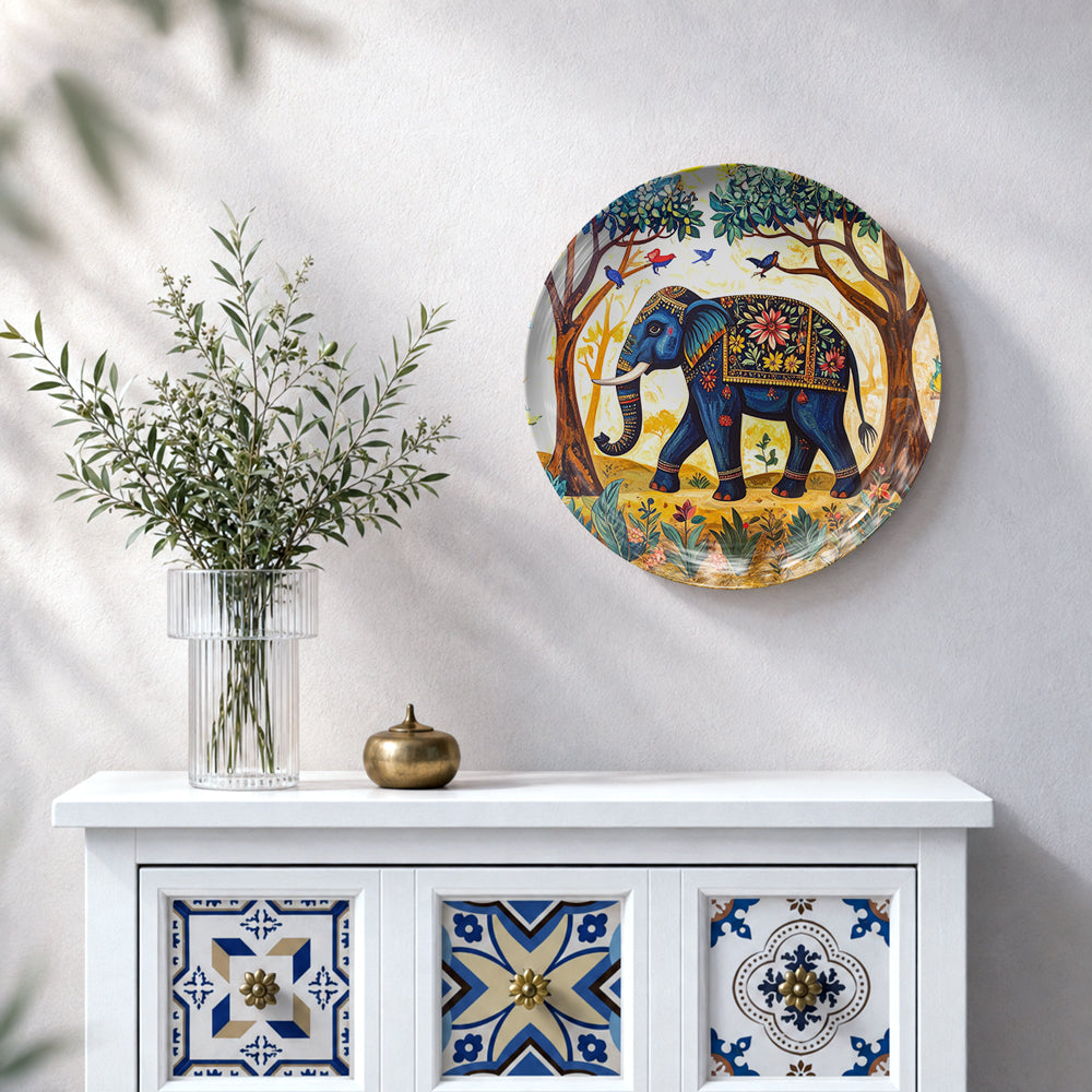 Decorative Vaastu elephant ceramic wall plate with vibrant traditional Indian floral artwork