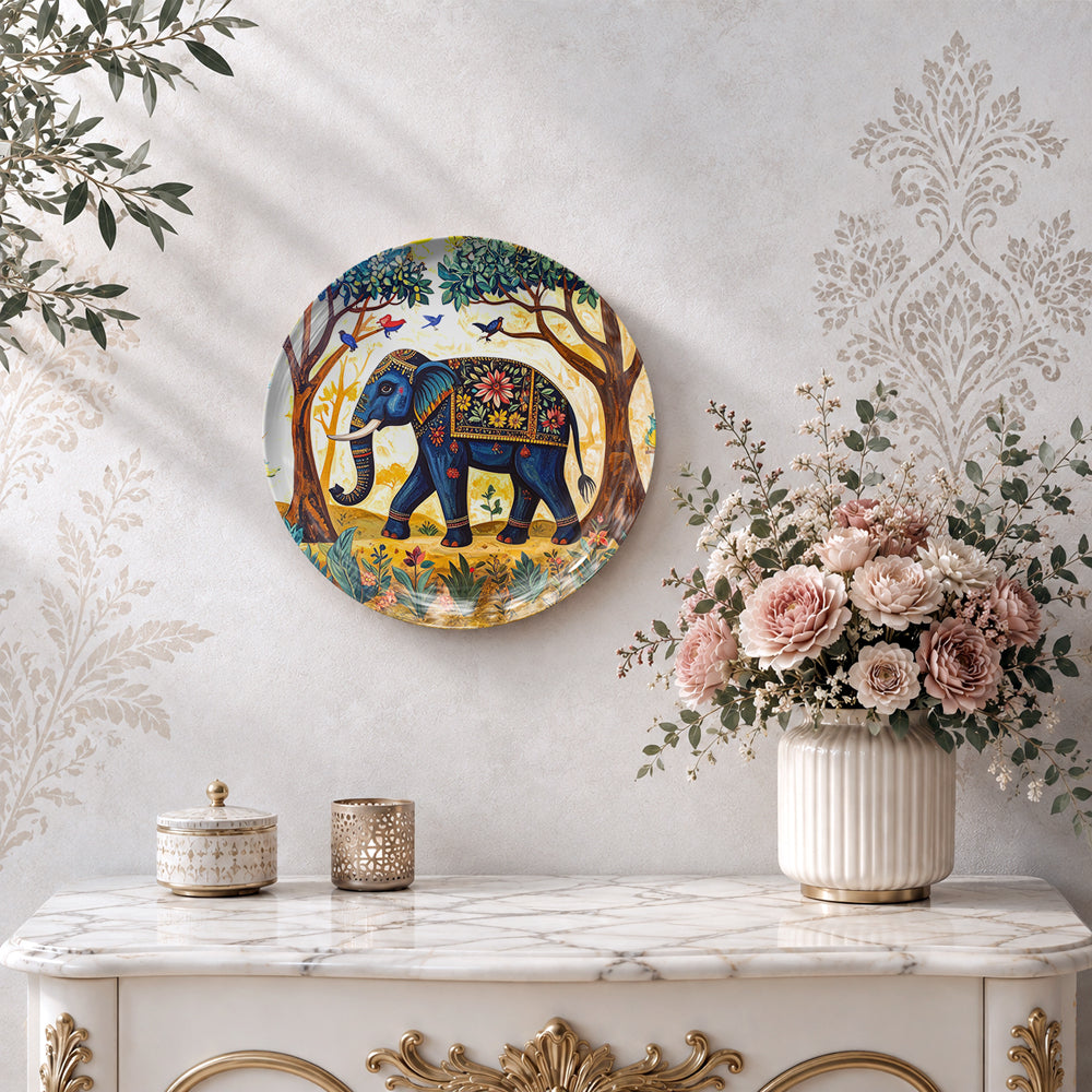 Indian heritage Vaastu ceramic wall plate souvenir featuring a majestic elephant and floral detailing