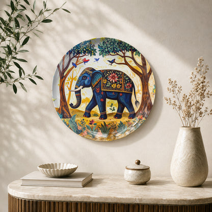 Majestic Stroll elephant ceramic wall plate with Vaastu-inspired Indian heritage artwork