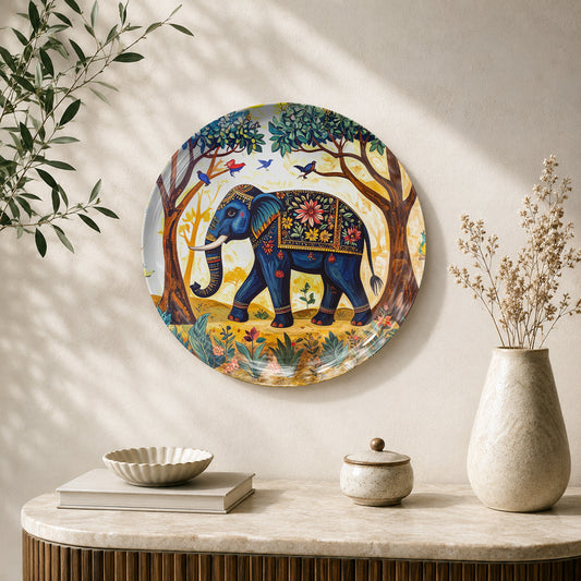 Majestic Stroll elephant ceramic wall plate with Vaastu-inspired Indian heritage artwork