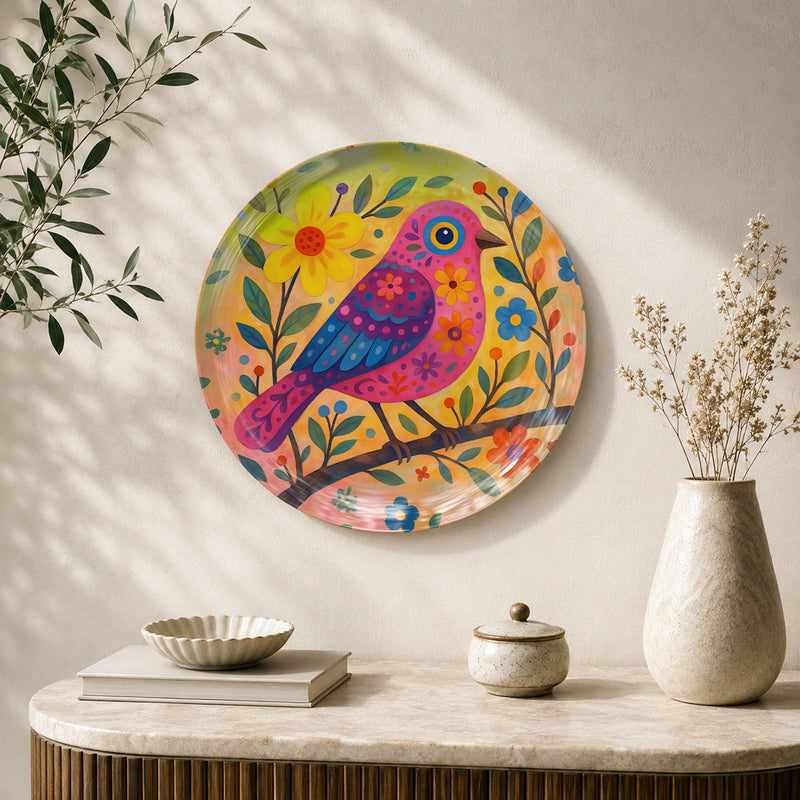 Song of Joy nature-inspired bird ceramic wall plate featuring colourful flowers and botanical artwork