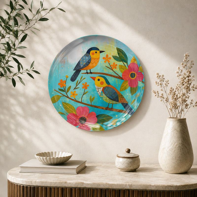 Harmony in Bloom twin birds ceramic wall plate featuring colourful birds and floral branches