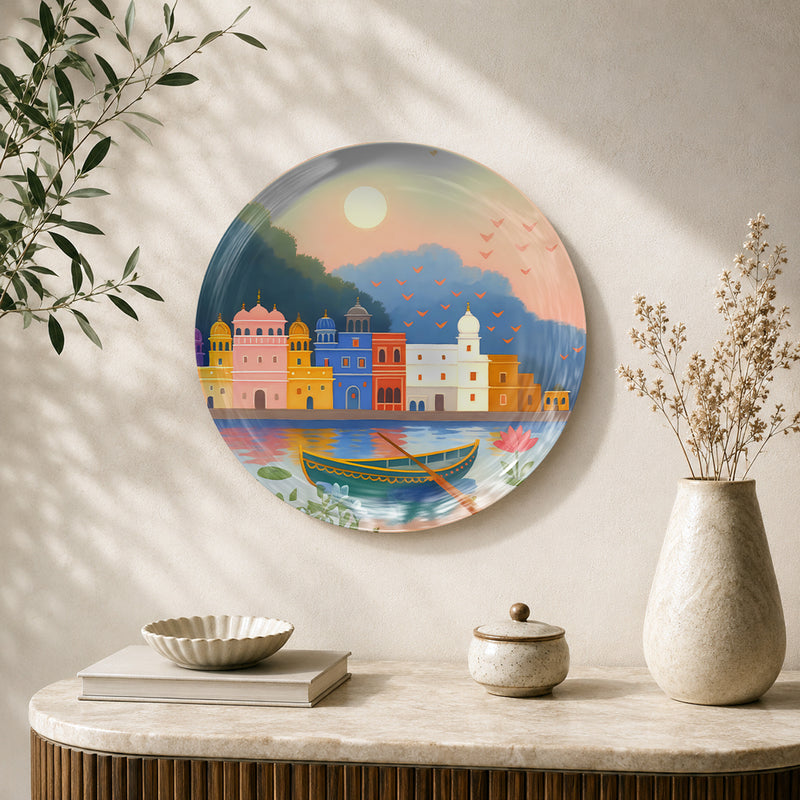 Eternal Reflections riverside heritage ceramic wall plate featuring colourful buildings and river reflections