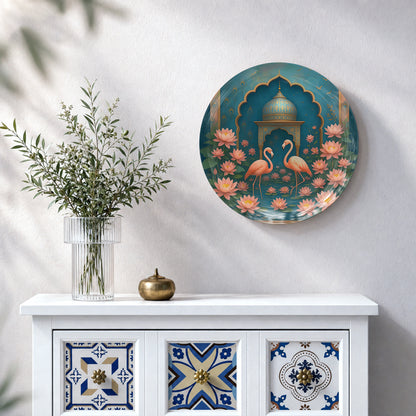 Indian heritage ceramic wall plate featuring a pair of flamingos among lotus flowers and decorative palace architecture.