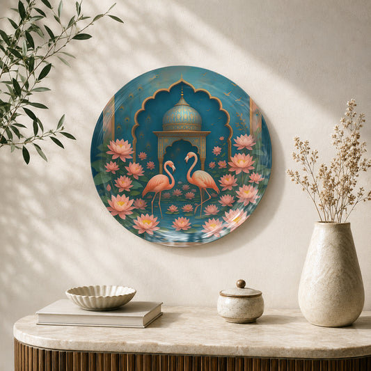 Lotus Courtship ceramic wall plate featuring two graceful flamingos surrounded by blooming lotus flowers.