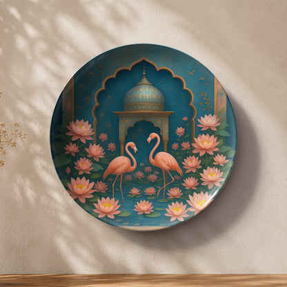 Premium ceramic wall plate showcasing elegant flamingos and pink lotus flowers against an ornate Indian-inspired backdrop.