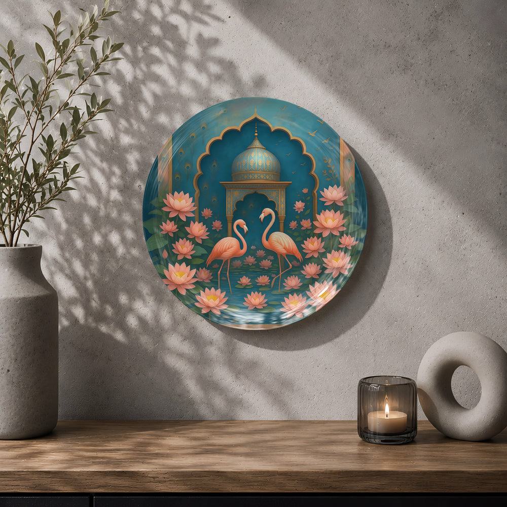 Lotus Courtship Indian Heritage Art ceramic wall plate featuring graceful birds and colourful floral motifs.