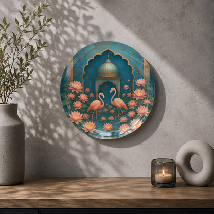 Lotus Courtship Indian Heritage Art ceramic wall plate featuring graceful birds and colourful floral motifs.