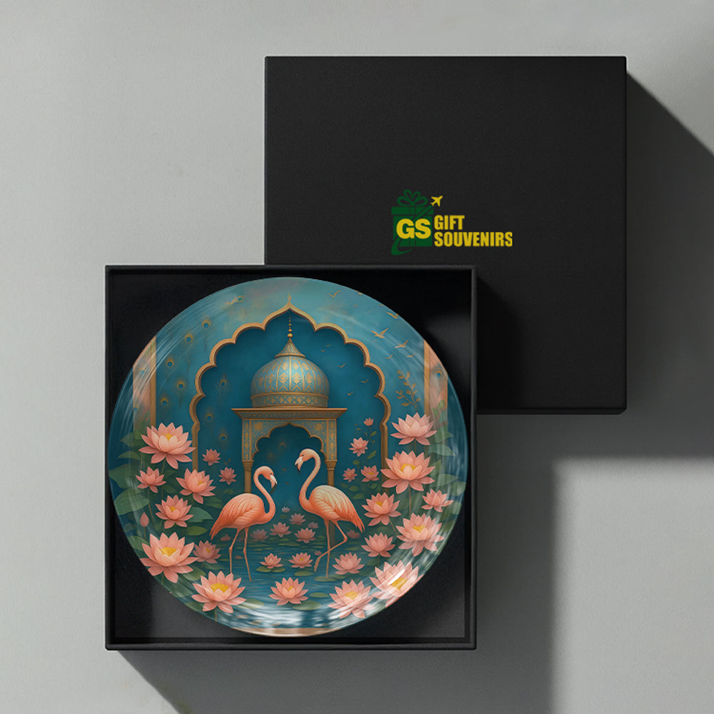 Indian-inspired flamingo and lotus artwork printed on a premium ceramic wall plate for elegant cultural décor.