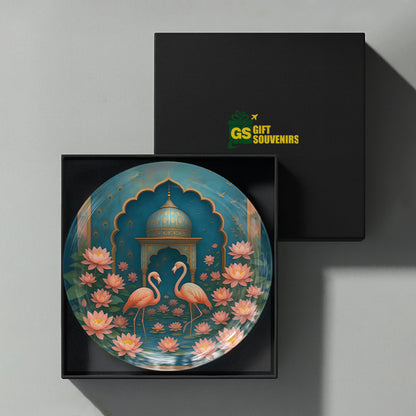 Indian-inspired flamingo and lotus artwork printed on a premium ceramic wall plate for elegant cultural décor.