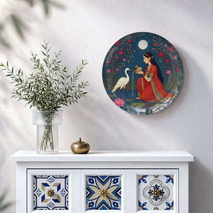 Indian-inspired ceramic wall plate featuring a graceful woman seated beside white cranes under a luminous moon.