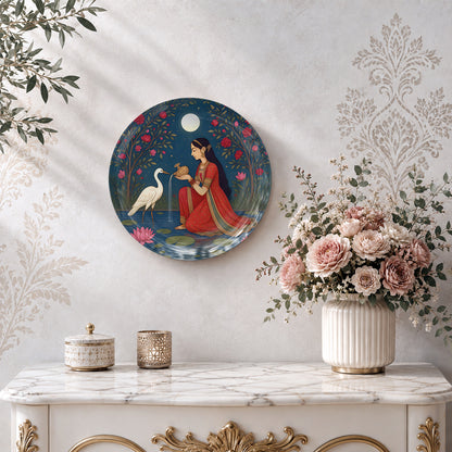 Decorative ceramic wall plate with traditional Indian-inspired artwork depicting a peaceful moonlit scene.