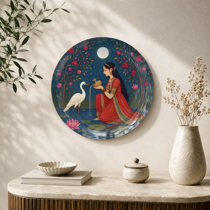 Divine Stillness ceramic wall plate featuring a woman in a red sari with white cranes beneath a full moon.