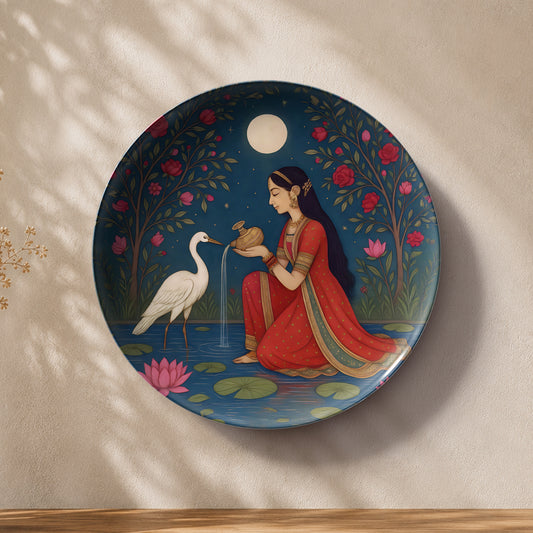 Premium ceramic wall plate showcasing a serene moonlit Indian scene with a woman, cranes, and floral motifs.