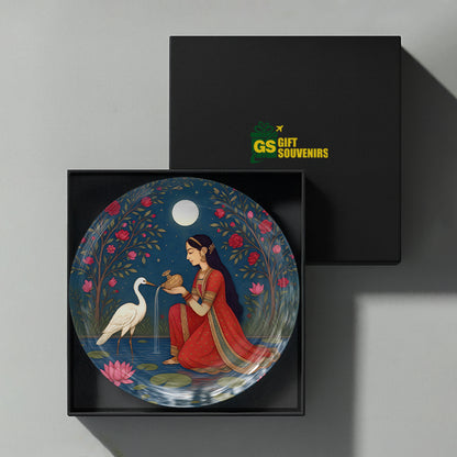 Traditional Indian storytelling artwork printed on a premium ceramic wall plate with a moonlit landscape.