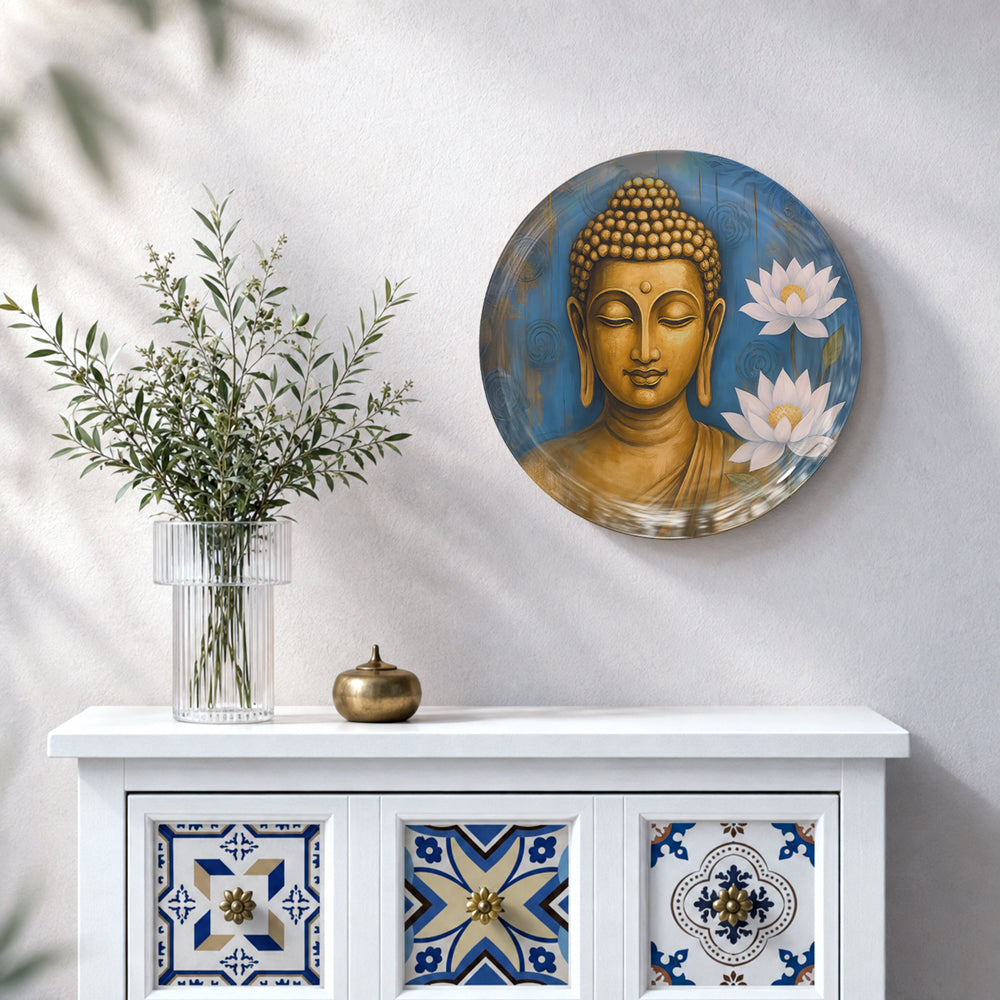 Buddha-inspired ceramic wall plate featuring a peaceful portrait surrounded by delicate lotus blossoms.