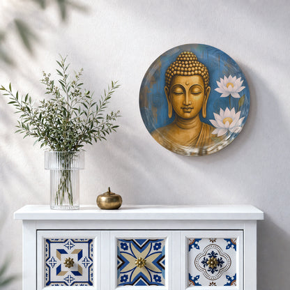 Buddha-inspired ceramic wall plate featuring a peaceful portrait surrounded by delicate lotus blossoms.
