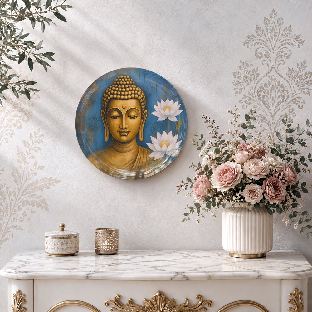 Decorative ceramic wall plate with serene Buddha and lotus artwork for spiritual and contemporary interiors.