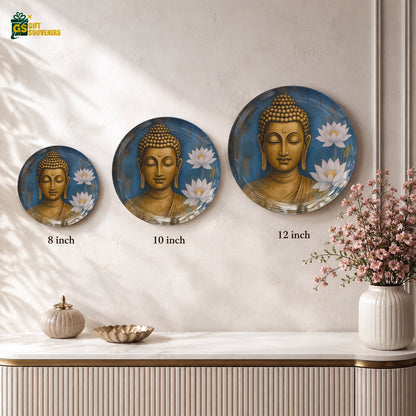 Glossy ceramic wall plate showcasing a golden Buddha portrait with white lotus flowers on a blue backdrop.