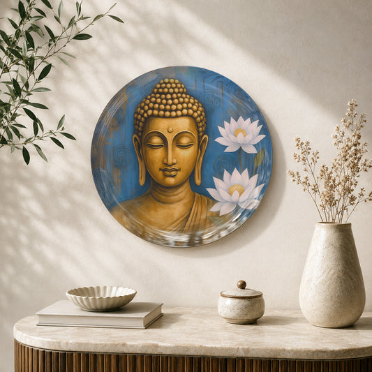 Tranquil Enlightenment ceramic wall plate featuring a serene Buddha portrait with white lotus flowers.