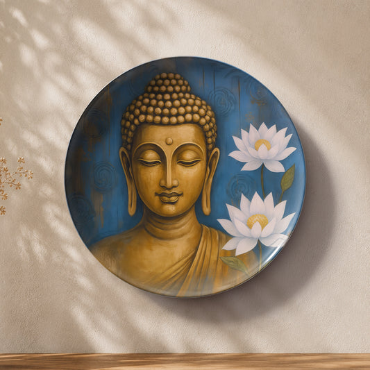 Premium ceramic wall plate showcasing Buddha artwork in golden tones against a calming blue background.