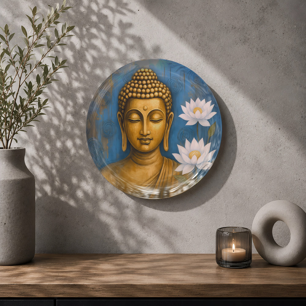 Tranquil Enlightenment ceramic wall plate featuring Buddha and lotus symbolism for peaceful home décor.