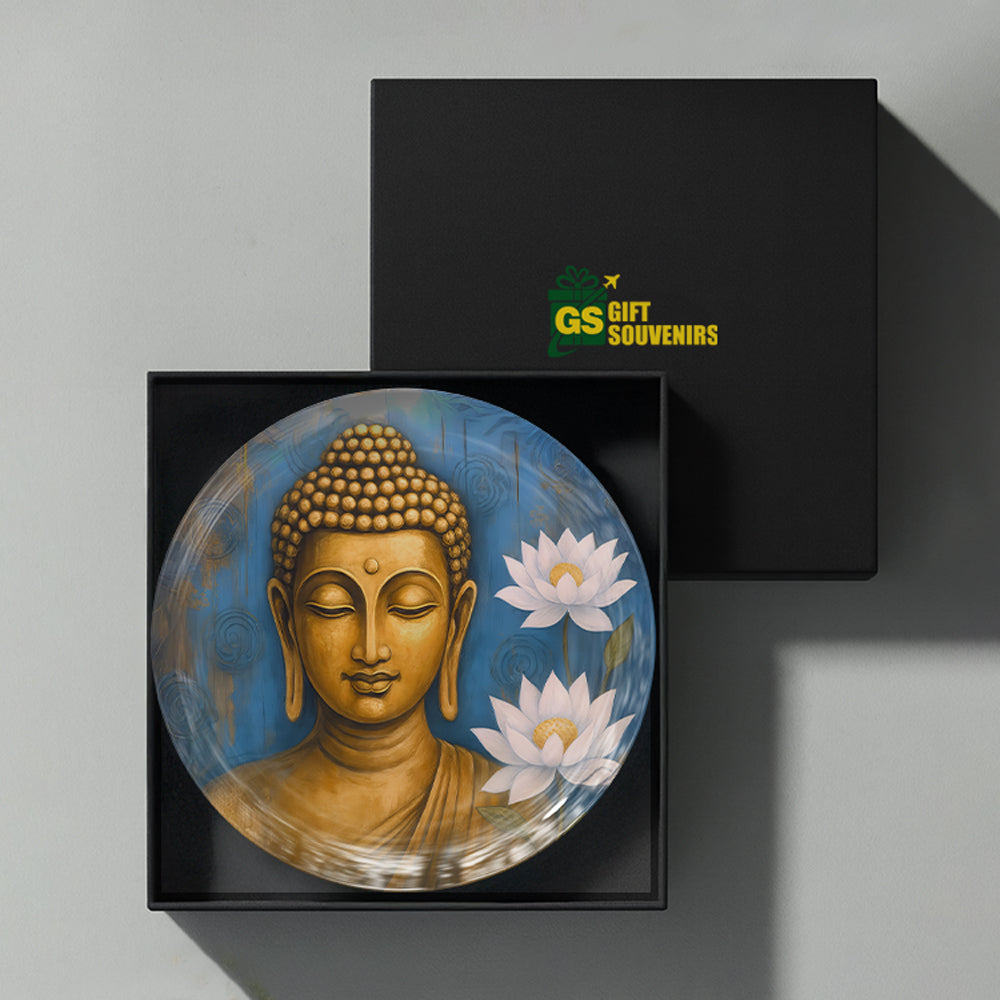 Spiritual Buddha artwork printed on a premium ceramic wall plate for meditation and serene interiors.