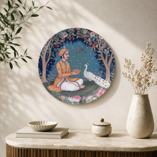 Royal Harmony Indian Court ceramic wall plate featuring traditional royal artwork and peacock