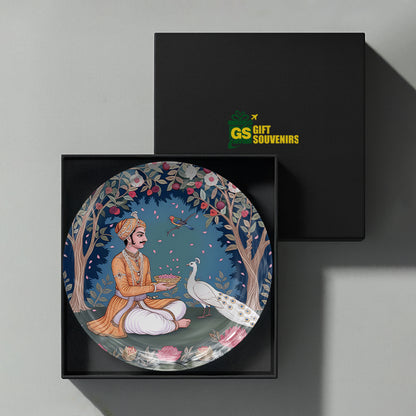 Premium Indian Court ceramic wall plate featuring peacock artwork and traditional royal artistry