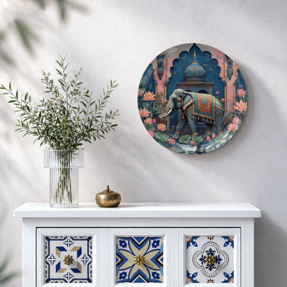 Indian heritage ceramic wall plate showcasing a majestic elephant with intricate ornamental details.