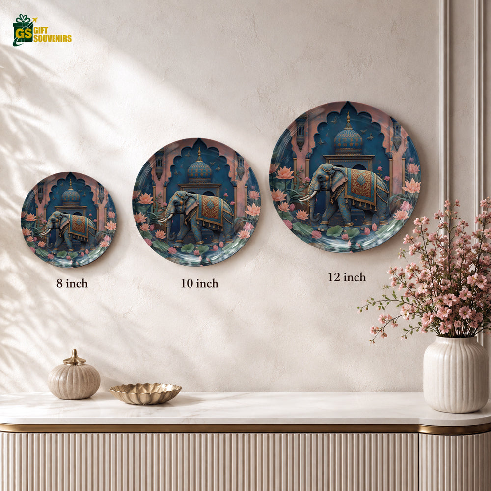 Glossy ceramic wall plate featuring an intricately adorned elephant surrounded by Indian architectural and floral motifs.
