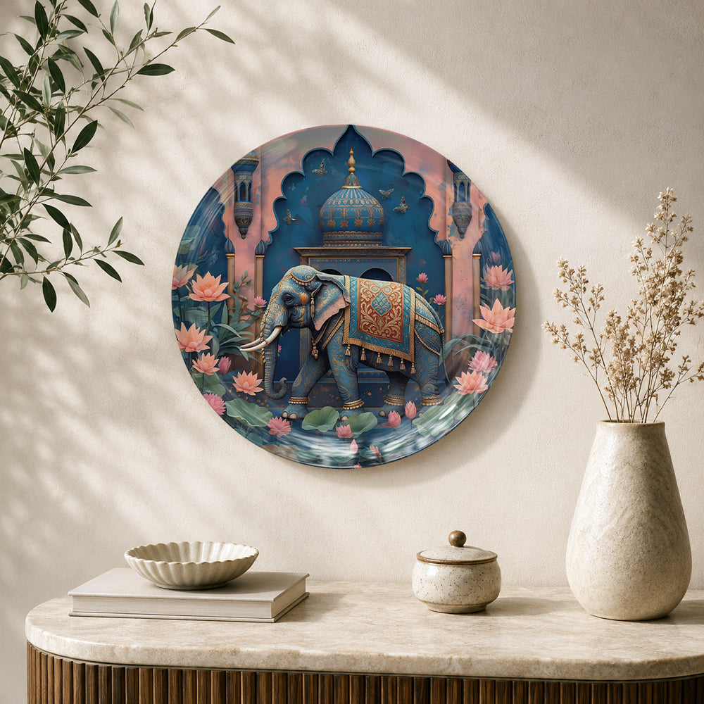 Majestic Heritage Royal Elephant ceramic wall plate inspired by Indian royal heritage and traditional art.