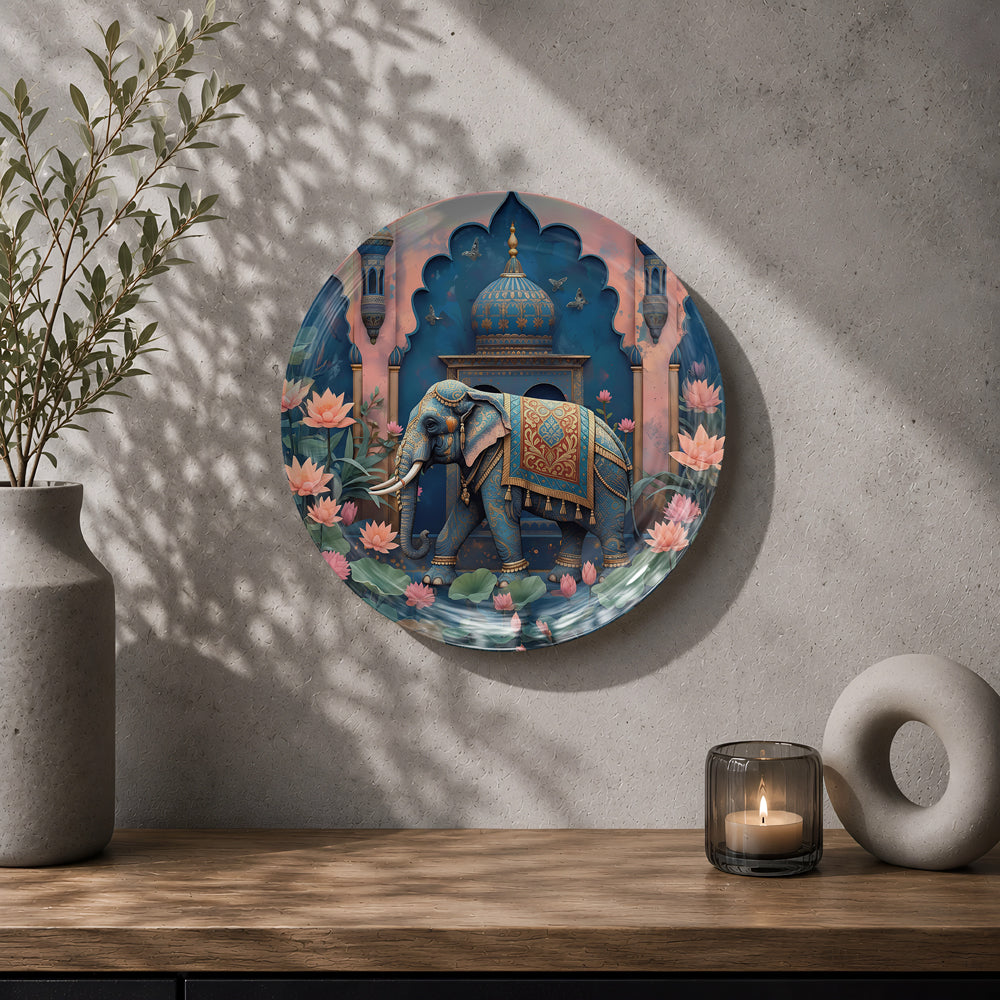 Majestic Heritage ceramic wall art plate celebrating the grandeur of India's royal elephant traditions.