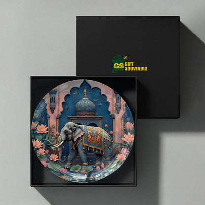 Royal Indian elephant artwork printed on a premium ceramic wall plate for elegant heritage-inspired home décor.
