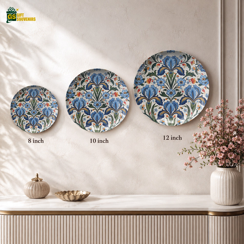 Premium floral ceramic wall plate featuring blue flowers, green leaves and intricate botanical motifs
