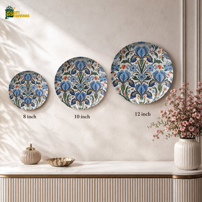 Premium floral ceramic wall plate featuring blue flowers, green leaves and intricate botanical motifs