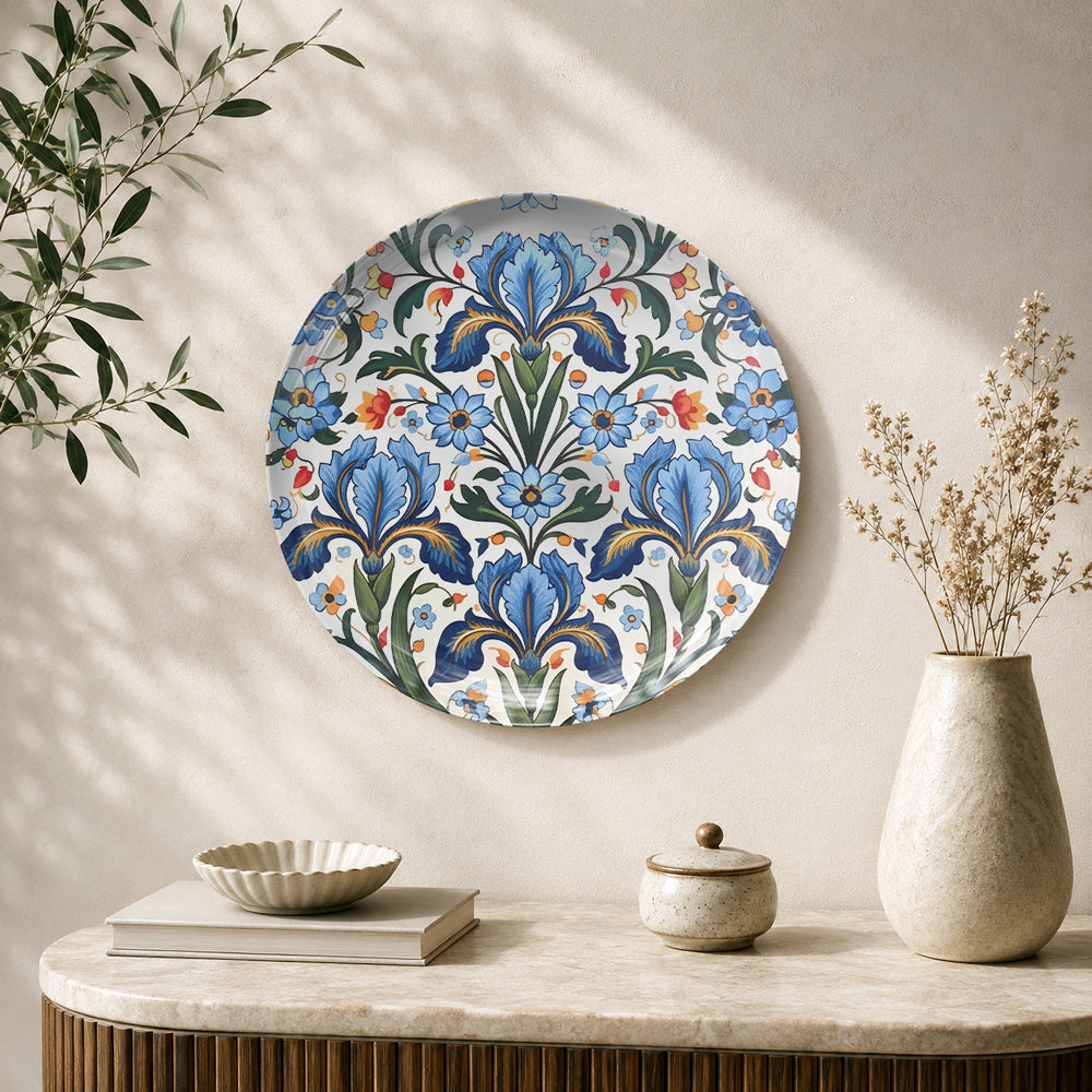 Eternal Blossoms nature-inspired ceramic wall plate featuring intricate blue floral and botanical artwork