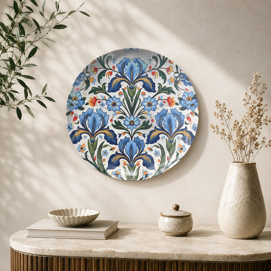 Eternal Blossoms nature-inspired ceramic wall plate featuring intricate blue floral and botanical artwork