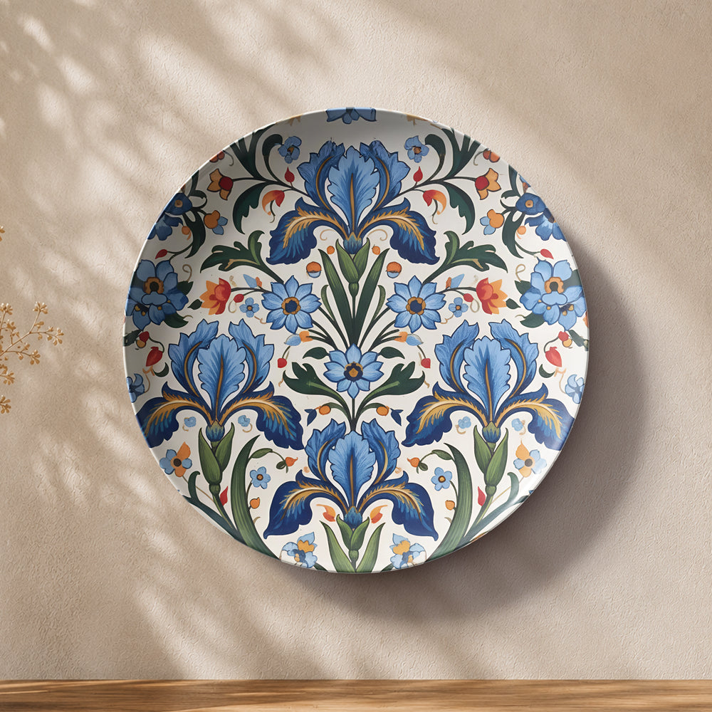 Nature-inspired ceramic wall plate featuring blooming flowers, leaves and flowing decorative foliage
