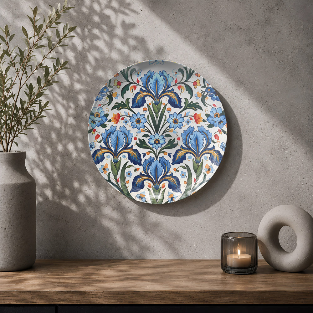 Floral ceramic wall plate souvenir with blue, teal, green and ivory botanical patterns
