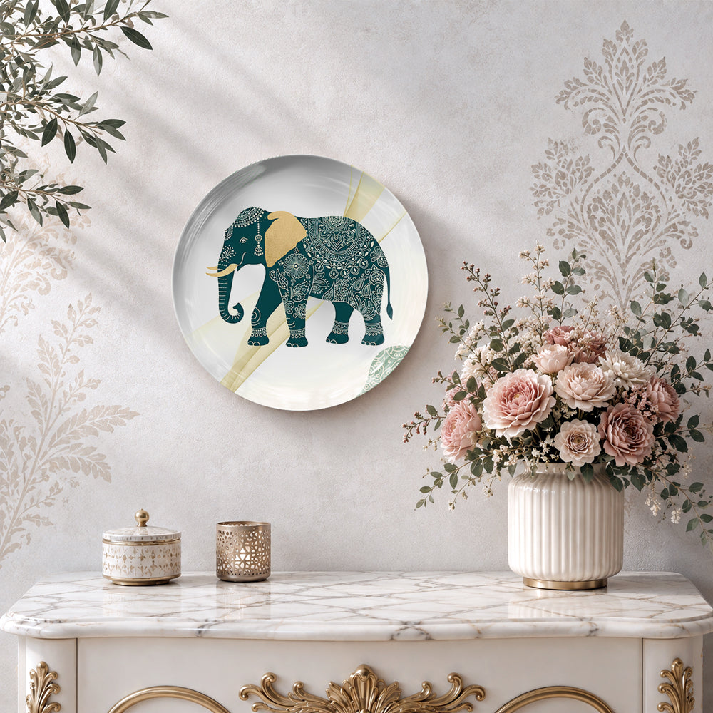 Decorative elephant ceramic wall plate representing strength, wisdom, prosperity, and good fortune.