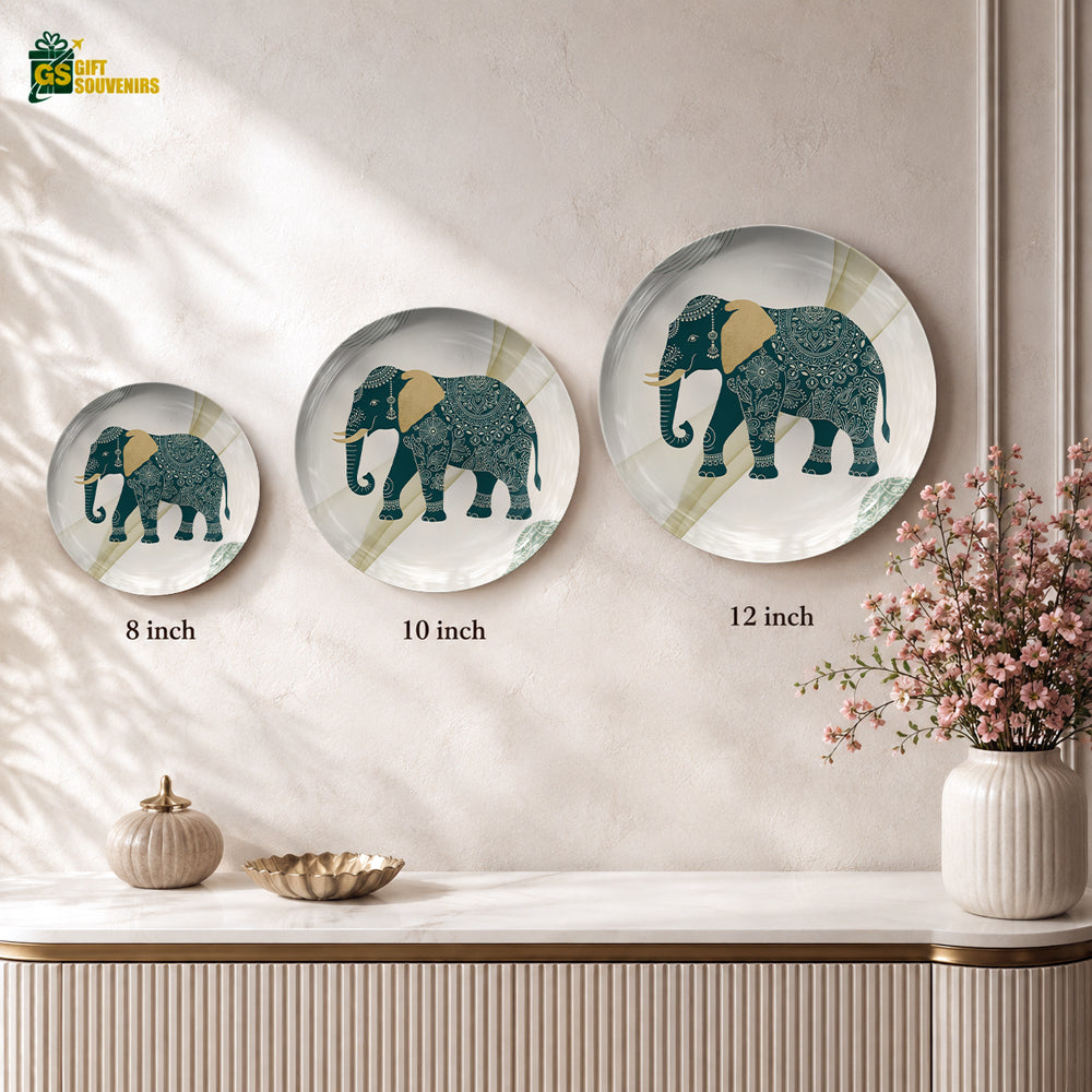 Glossy ceramic wall plate featuring an artistic teal elephant with intricate ornamental patterns.