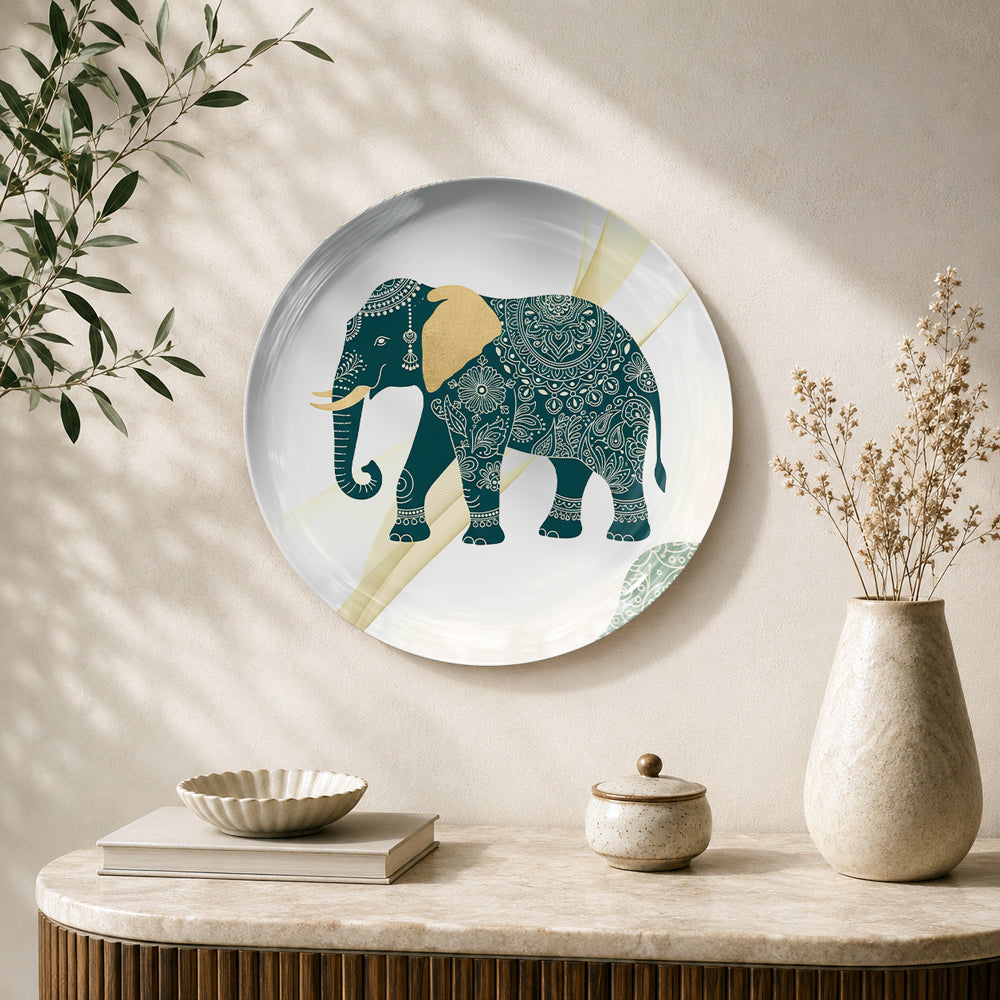 Majestic Harmony ceramic wall plate featuring an intricately decorated elephant symbolizing prosperity and abundance.