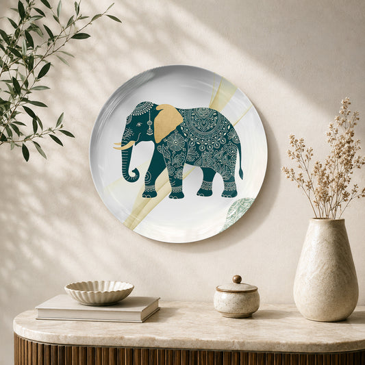Majestic Harmony ceramic wall plate featuring an intricately decorated elephant symbolizing prosperity and abundance.
