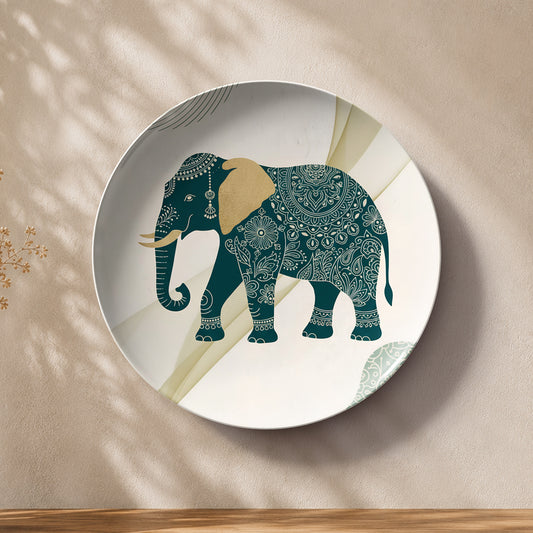 Prosperity elephant ceramic wall plate with elegant teal artwork and intricate decorative detailing.