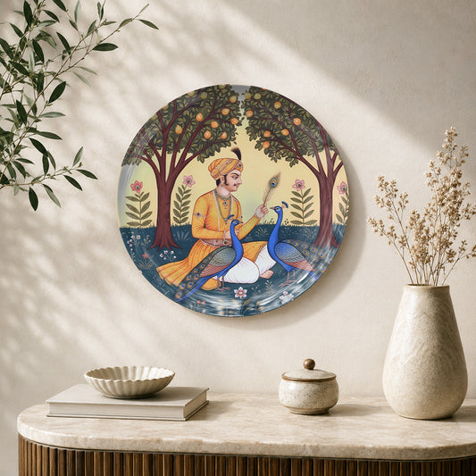 Garden of Royal Blessings Indian heritage ceramic wall plate featuring traditional peacock artwork